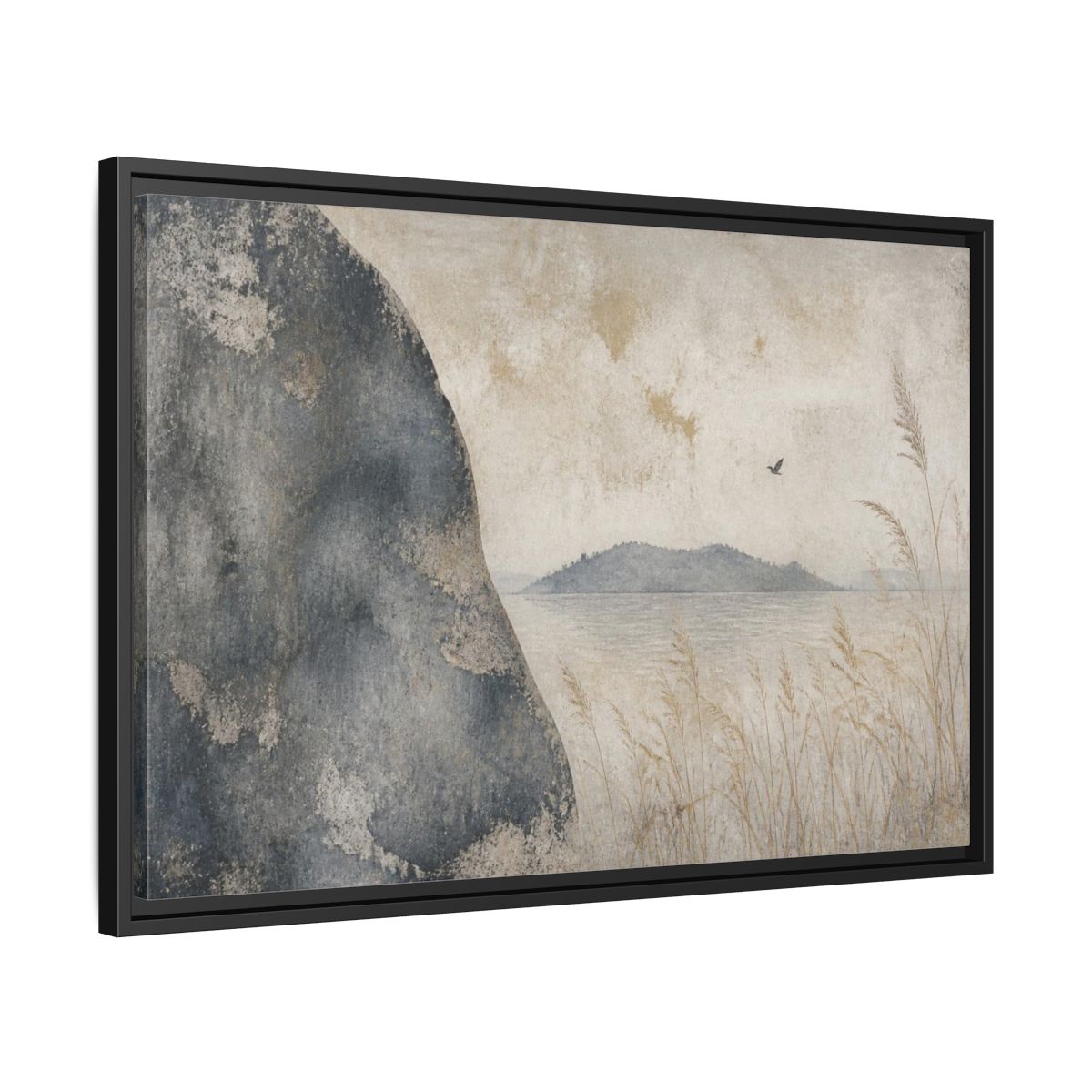 Side Mockup 14. Wabi Sabi Rock Shore shown as framed canvas print