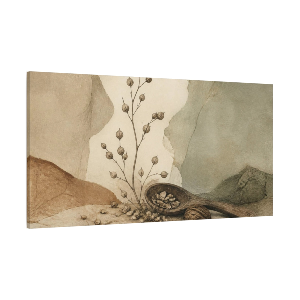 Side Mockup 2. Wabi Sabi Seed Pods shown as canvas print