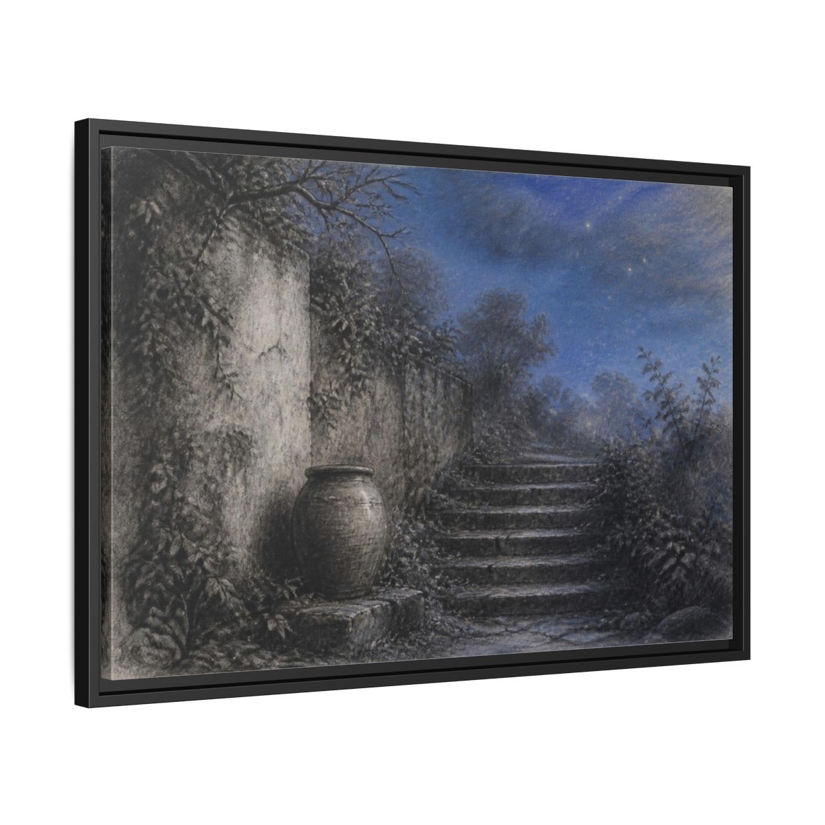 Side Mockup 14. Wabi Sabi Stone Stairs shown as framed canvas print