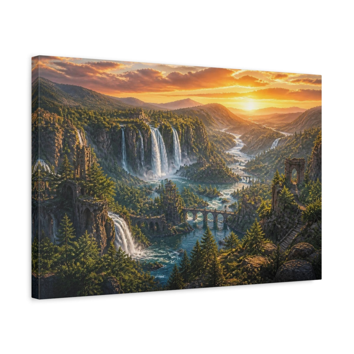 Side Mockup 3. Waterfall Landscape At Sunset shown as canvas print