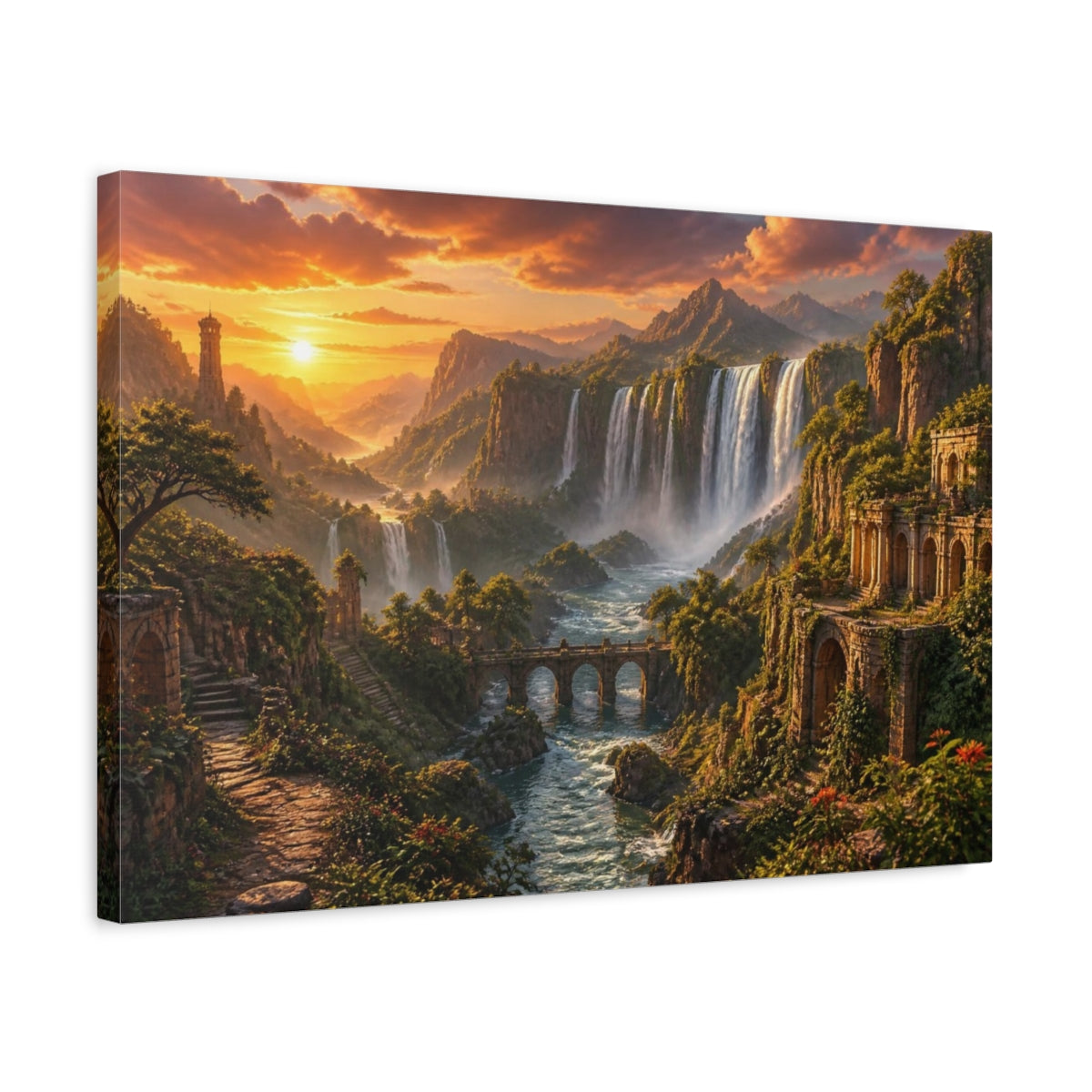 Side Mockup 3. Waterfalls Landscape At Sunset shown as canvas print