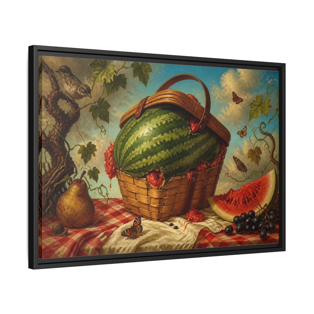 Side Mockup 14. Watermelon In Wicker Basket shown as framed canvas print