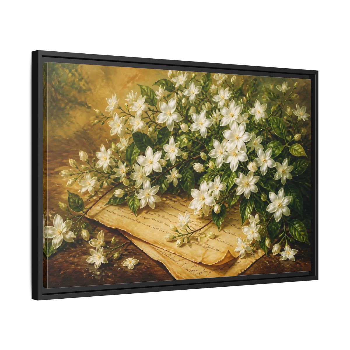 Side Mockup 14. White Jasmine Bouquet shown as framed canvas print
