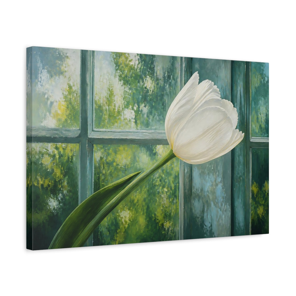 Side Mockup 3. White Tulip Flower Study shown as canvas print