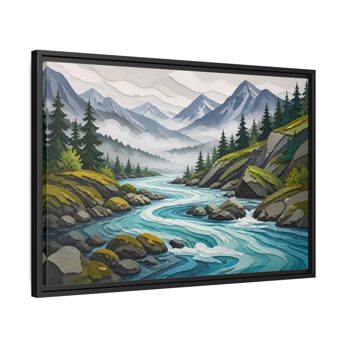 Side Mockup 14. Winding Mountain River shown as framed canvas print