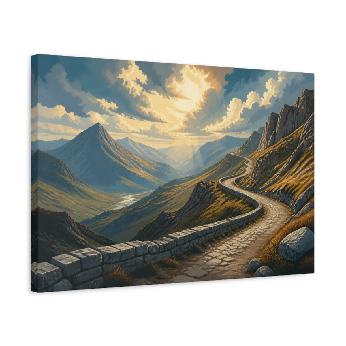 Side Mockup 3. Windswept Mountain Road Landscape shown as canvas print