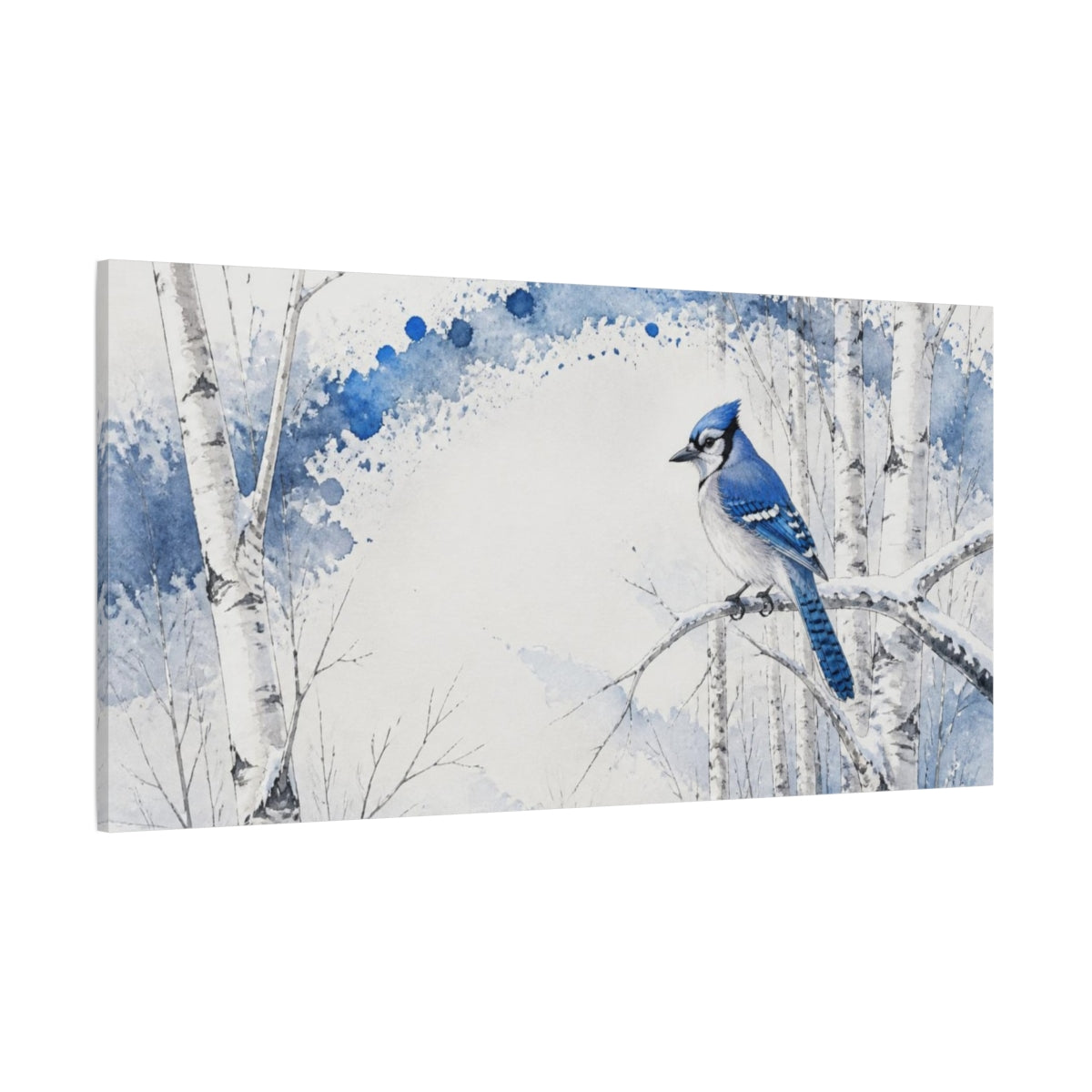 Side Mockup 2. Winter Blue Jay On Birch shown as canvas print