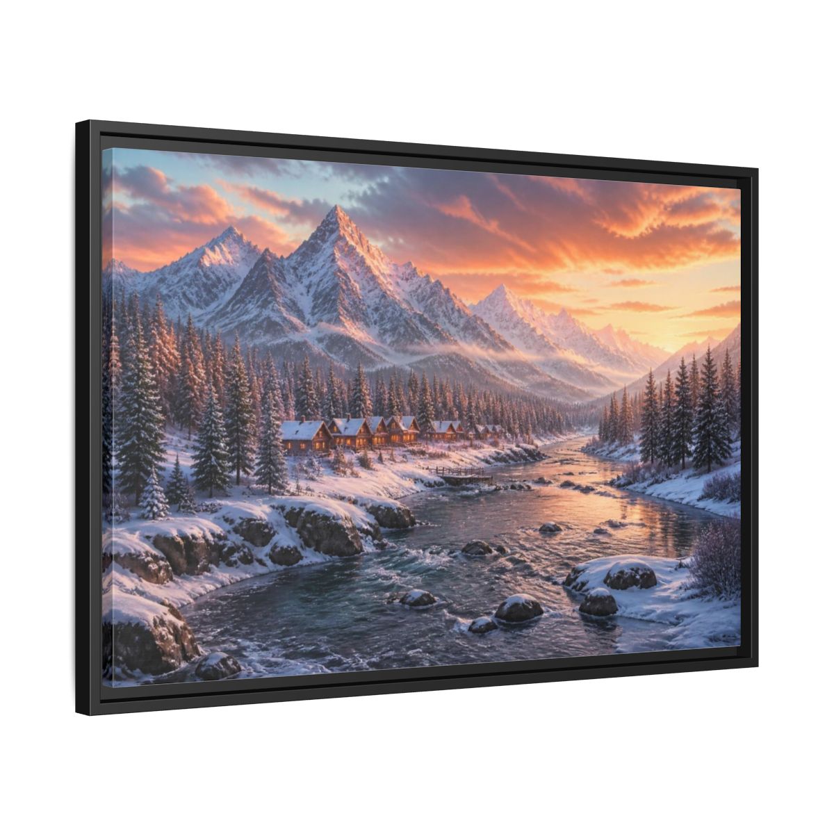 Side Mockup 14. Winter Mountain Landscape shown as framed canvas print