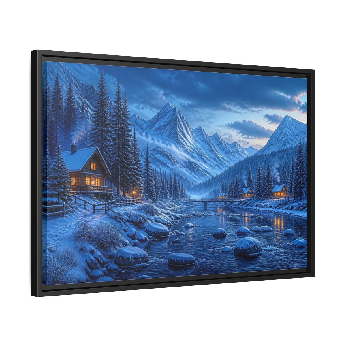 Side Mockup 14. Winter Mountain Landscape shown as framed canvas print