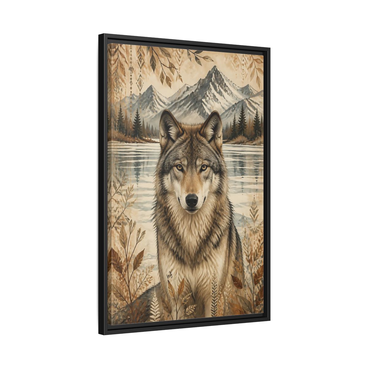 Side Mockup 14. Wolf Animals Boho shown as framed canvas print