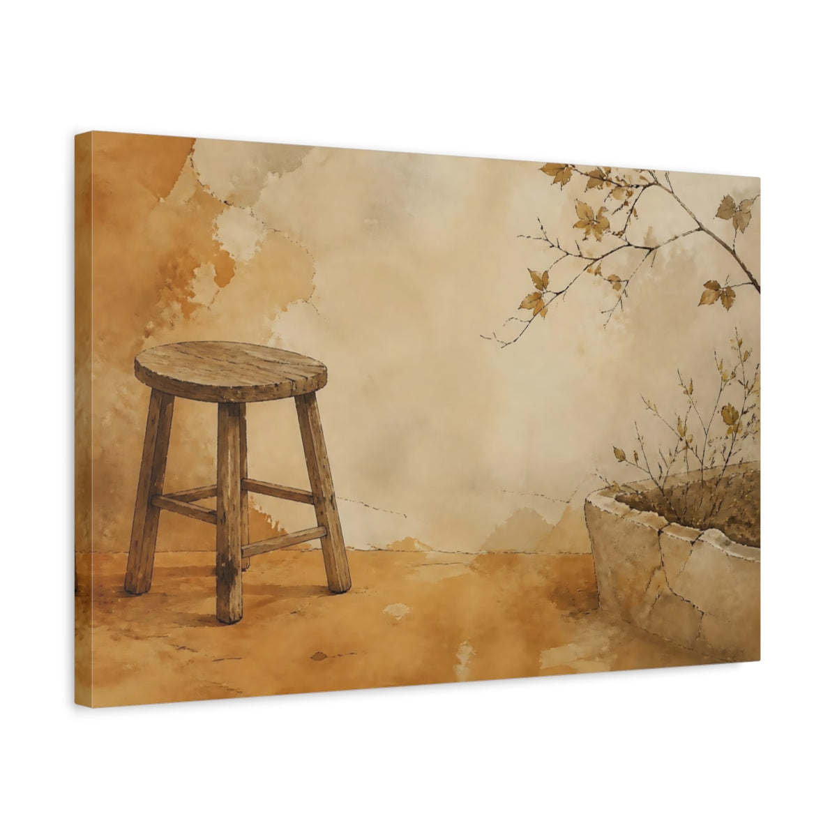 Side Mockup 3. Wooden Stool And Planter shown as canvas print