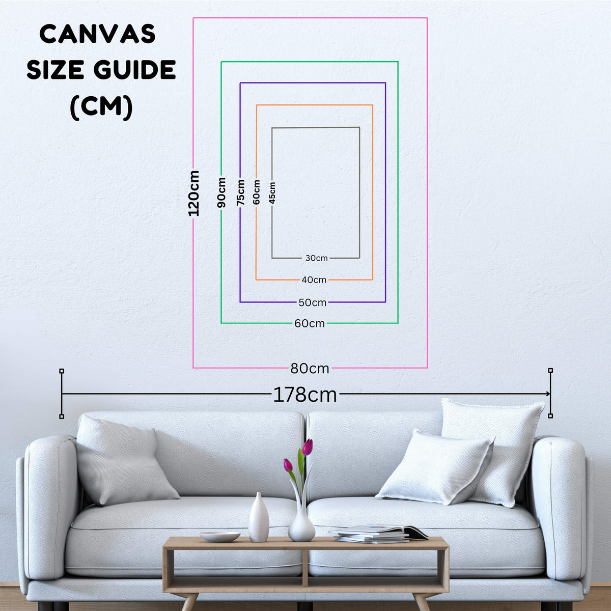 Framed Canvas Print size map in centimeters