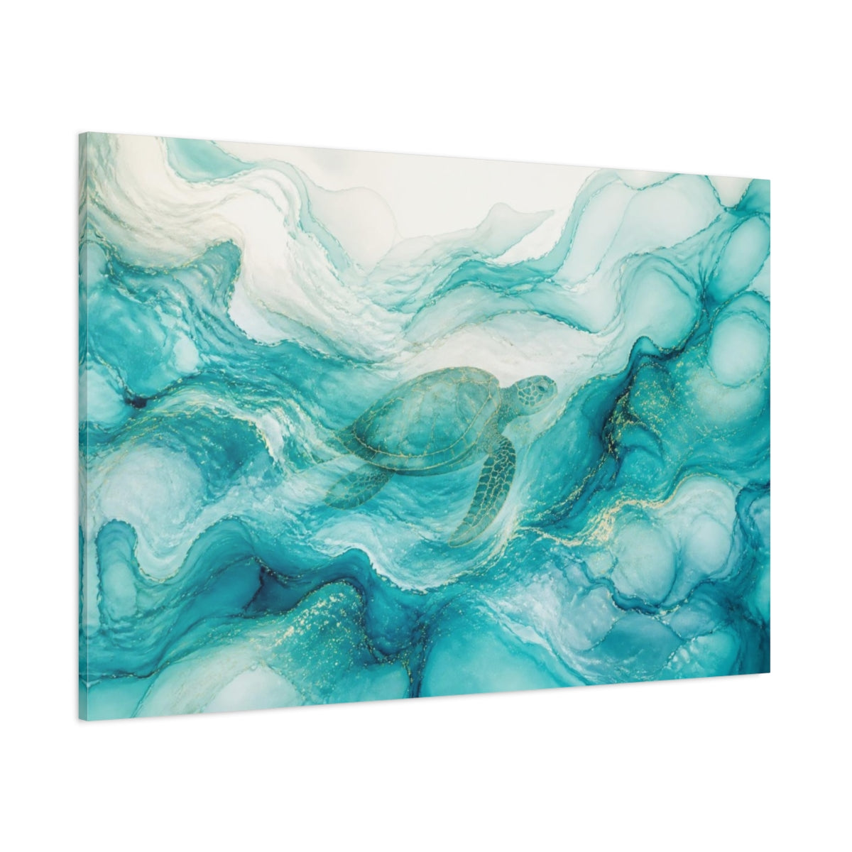 Side Mockup 1. Abstract Aqua Sea Turtle shown as canvas print