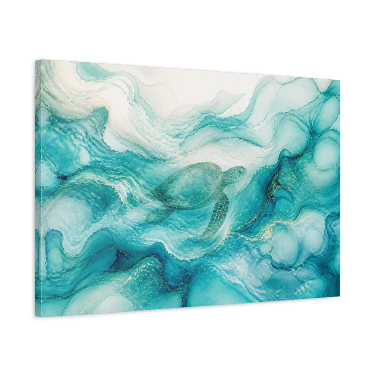 Side Mockup 2. Abstract Aqua Sea Turtle shown as canvas print
