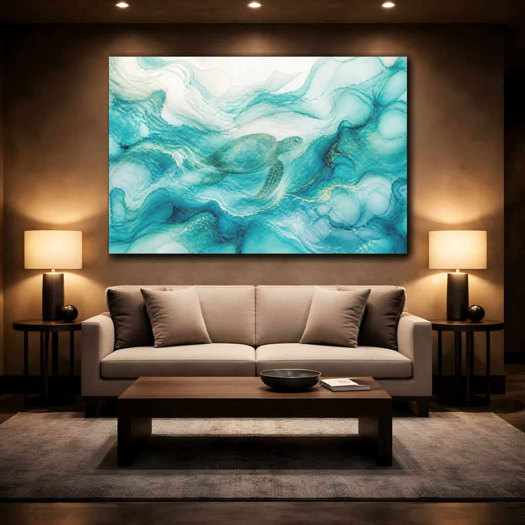 Mockup 2. Abstract Aqua Sea Turtle shown as canvas print