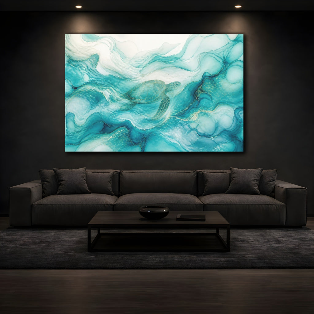 Mockup 3. Abstract Aqua Sea Turtle shown as canvas print
