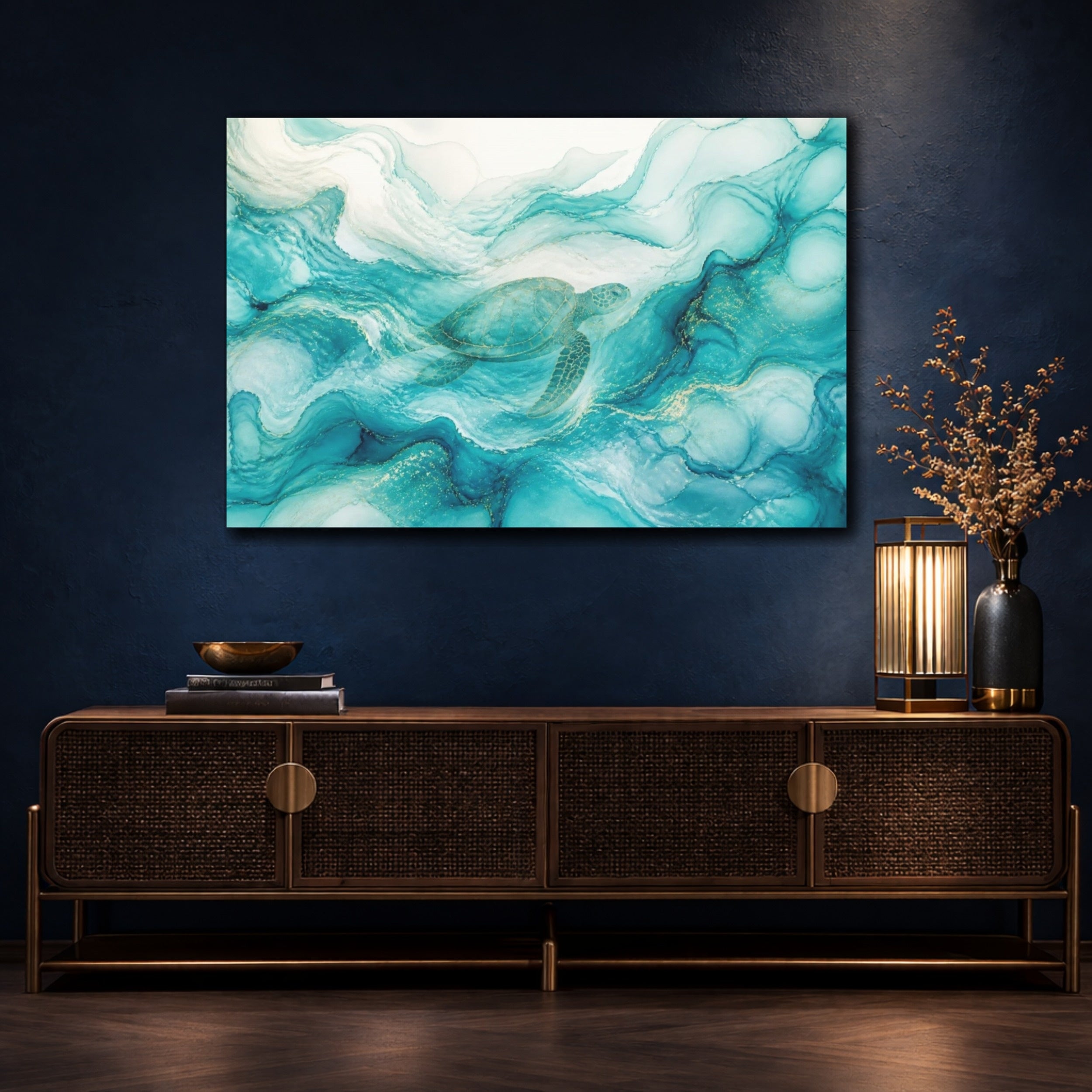 Mockup 4. Abstract Aqua Sea Turtle shown as canvas print