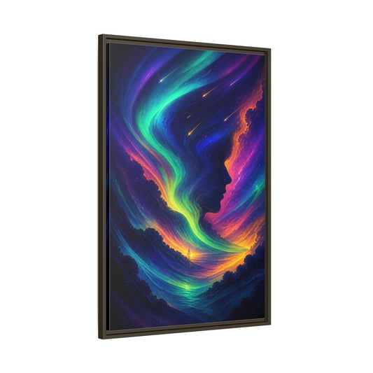 Main Mockup. Abstract Aurora Face shown as framed canvas print