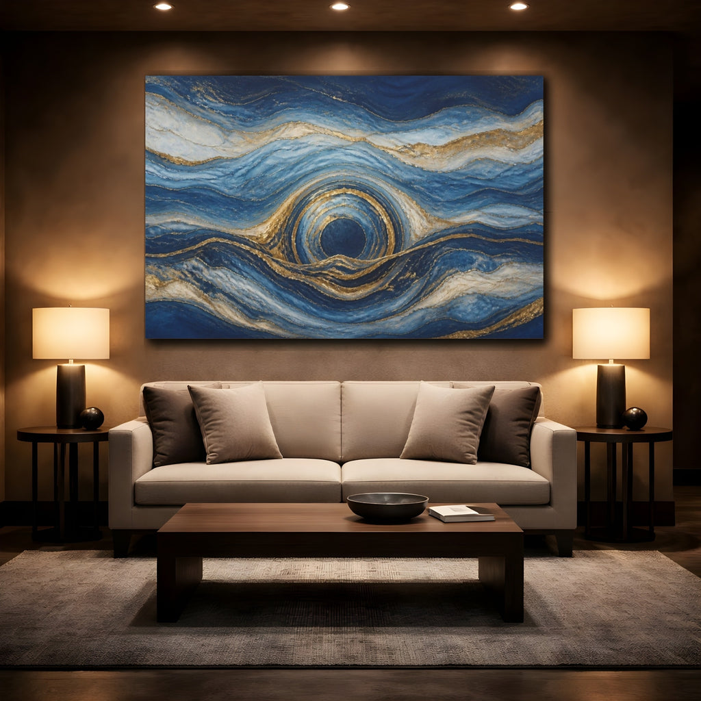 Mockup 2. Abstract Blue Circular Portal shown as canvas print