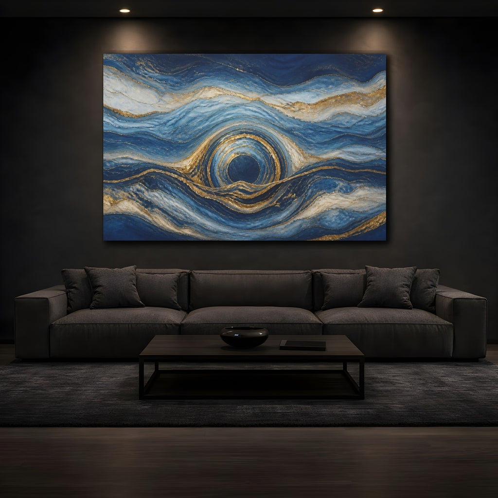 Mockup 3. Abstract Blue Circular Portal shown as canvas print
