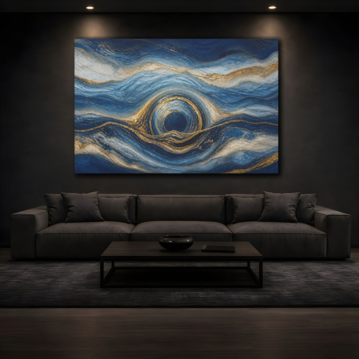 Mockup 3. Abstract Blue Circular Portal shown as canvas print