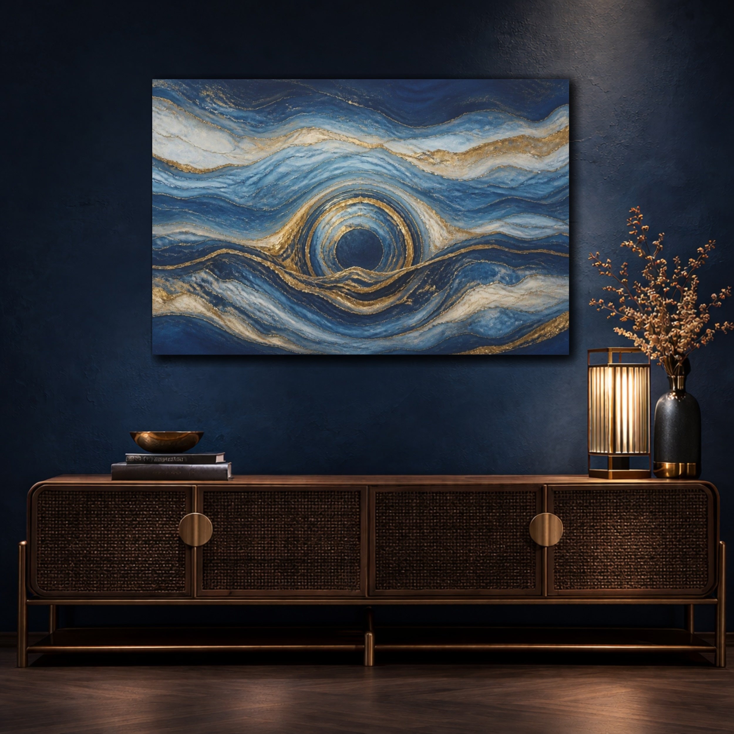 Mockup 4. Abstract Blue Circular Portal shown as canvas print
