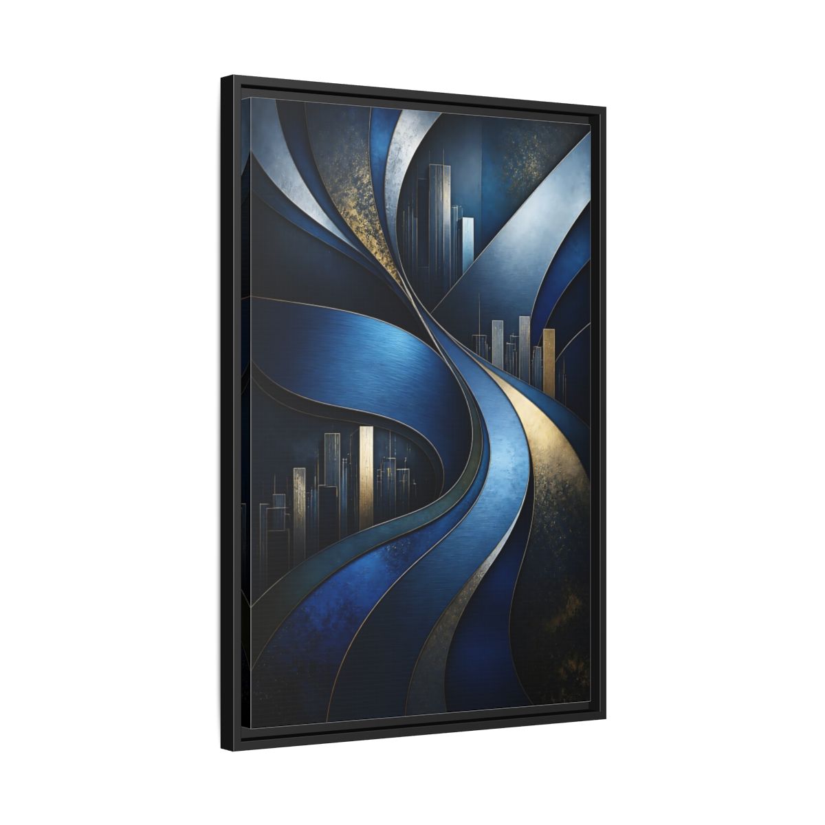 Side Mockup 14. Abstract Blue Layered Waves shown as framed canvas print