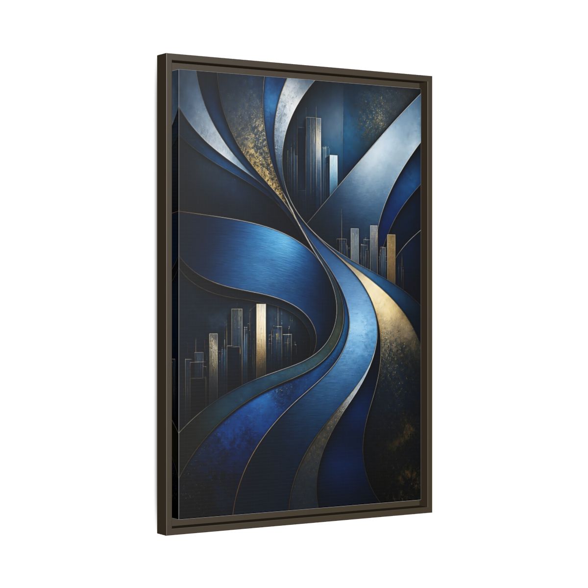 Side Mockup 11. Abstract Blue Layered Waves shown as framed canvas print