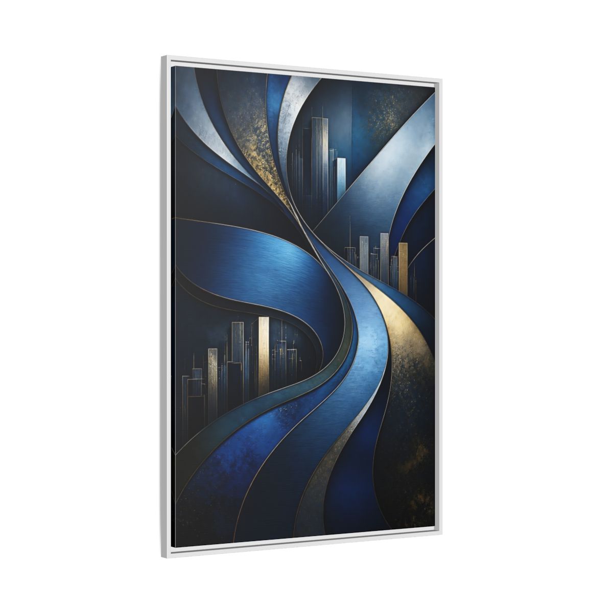 Side Mockup 7. Abstract Blue Layered Waves shown as framed canvas print