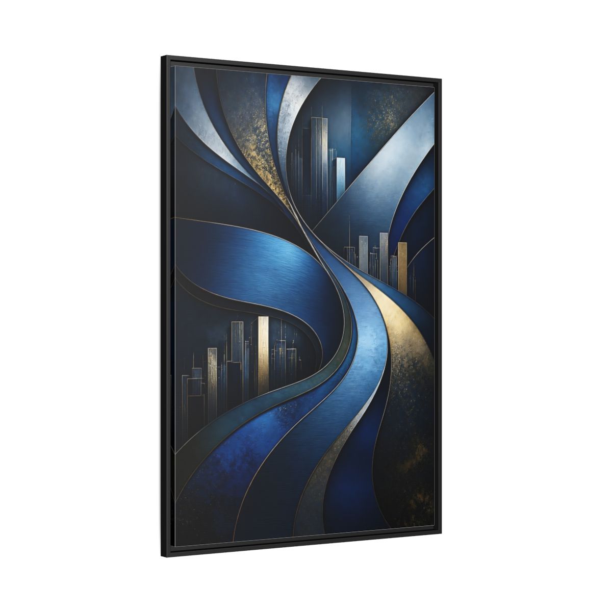 Side Mockup 12. Abstract Blue Layered Waves shown as framed canvas print