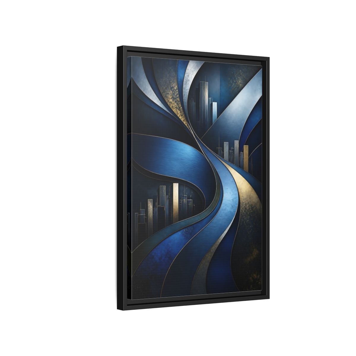 Side Mockup 3. Abstract Blue Layered Waves shown as framed canvas print