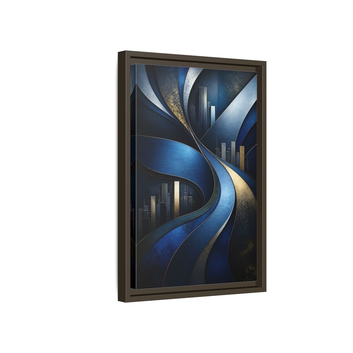 Side Mockup 5. Abstract Blue Layered Waves shown as framed canvas print