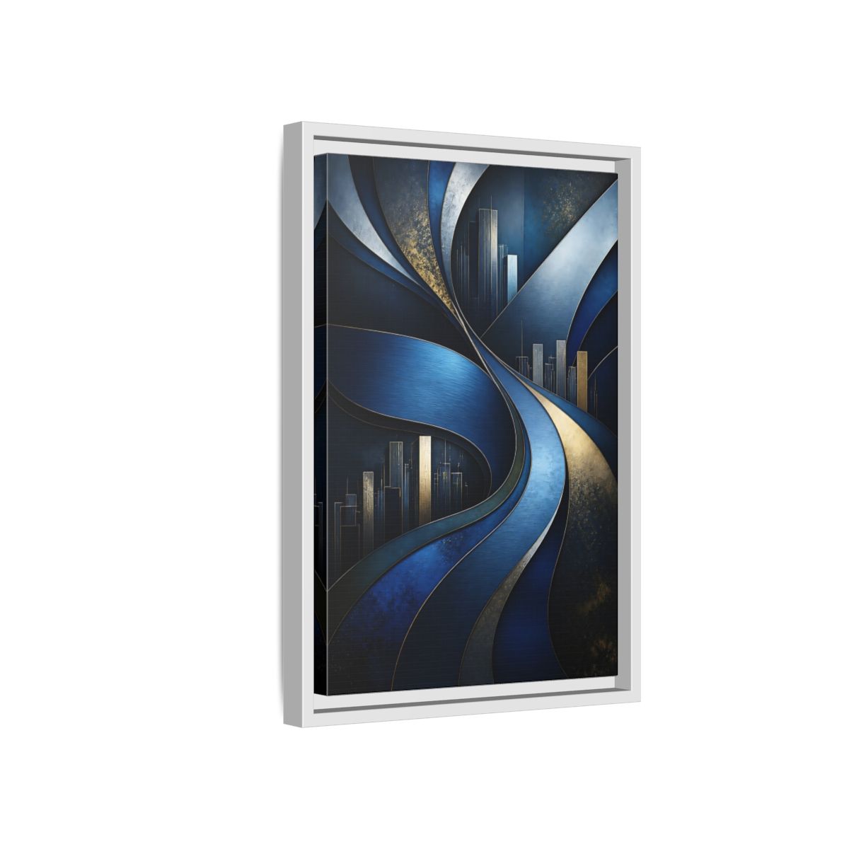 Side Mockup 4. Abstract Blue Layered Waves shown as framed canvas print