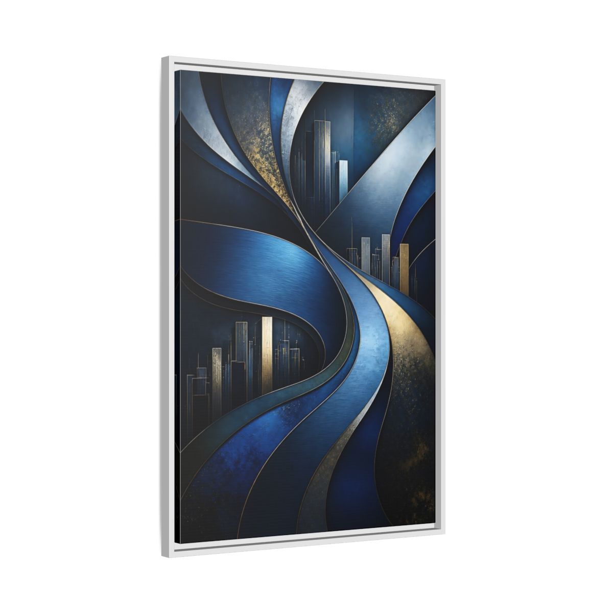 Side Mockup 9. Abstract Blue Layered Waves shown as framed canvas print