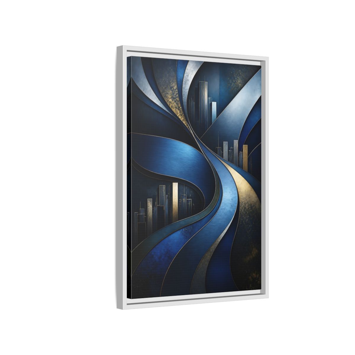 Side Mockup 1. Abstract Blue Layered Waves shown as framed canvas print