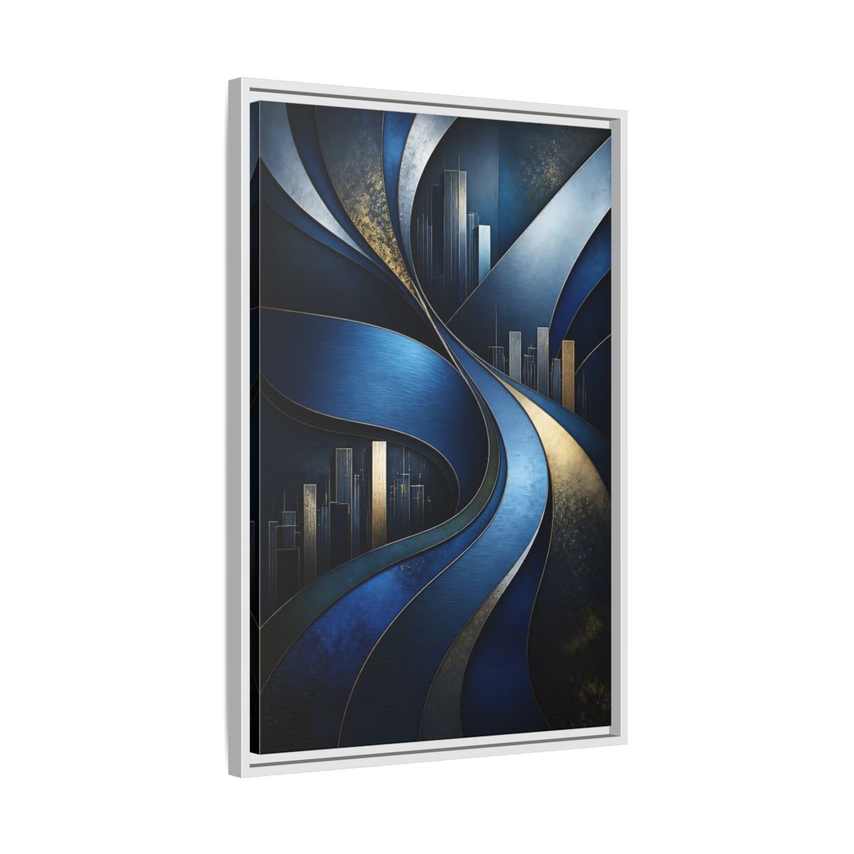 Side Mockup 10. Abstract Blue Layered Waves shown as framed canvas print