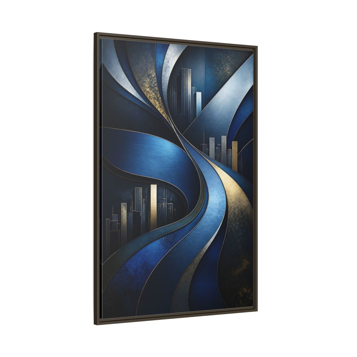 Side Mockup 8. Abstract Blue Layered Waves shown as framed canvas print