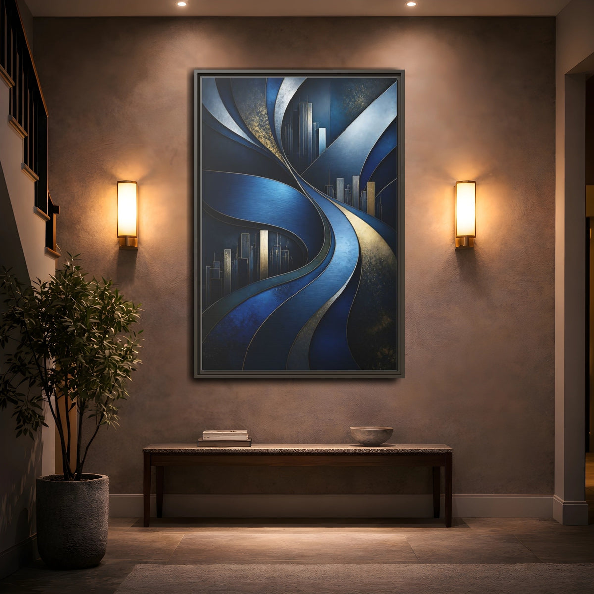 Mockup 2. Abstract Blue Layered Waves shown as framed canvas print