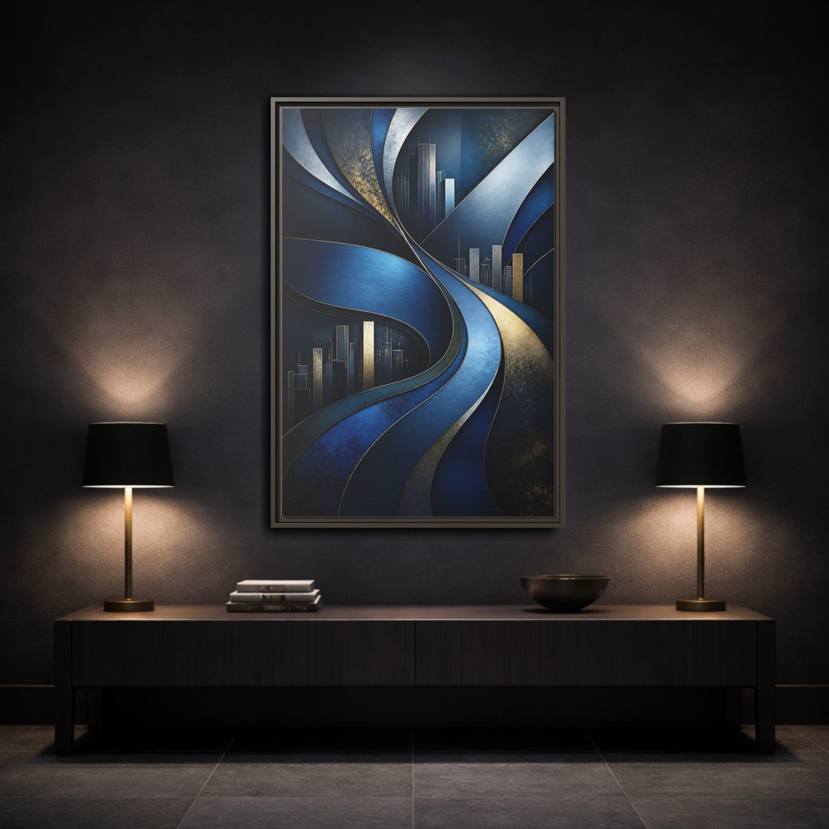 Mockup 3. Abstract Blue Layered Waves shown as framed canvas print