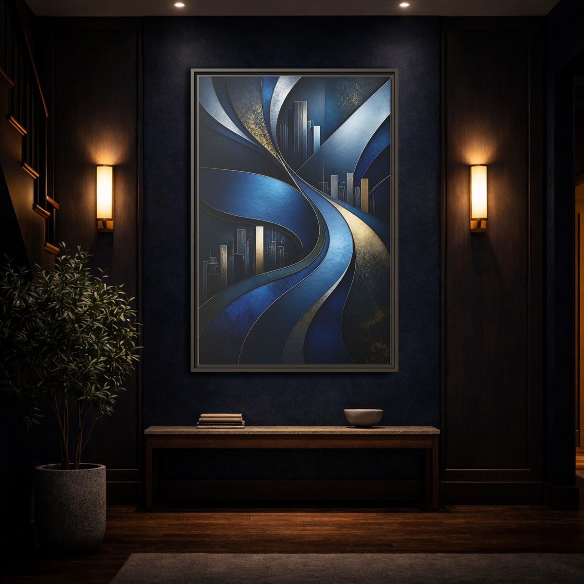 Mockup 4. Abstract Blue Layered Waves shown as framed canvas print