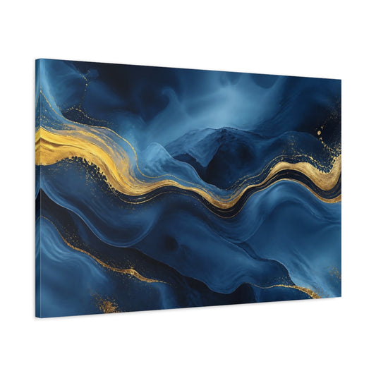 Main Mockup. Abstract Blue Waves With Gold shown as canvas print