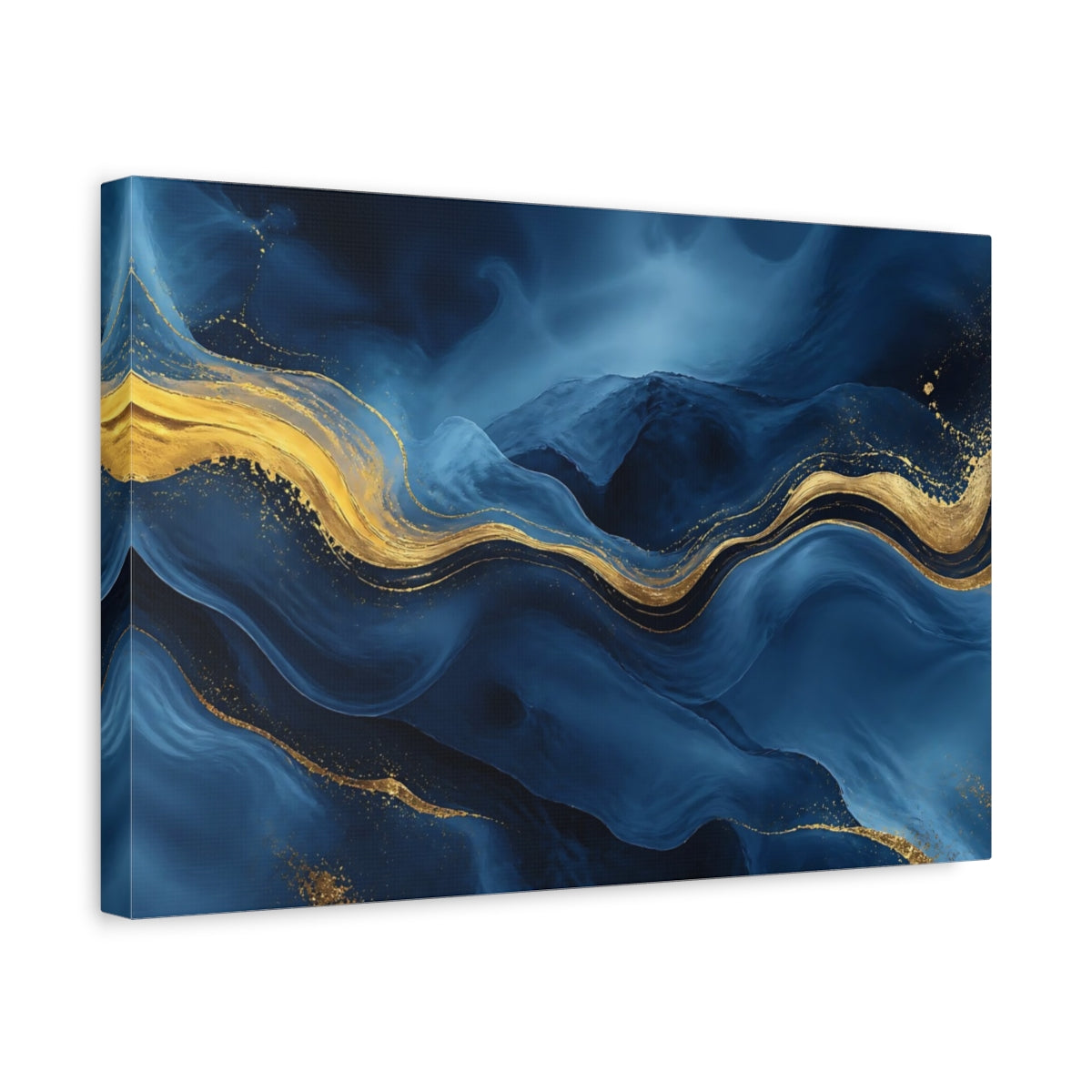 Side Mockup 4. Abstract Blue Waves With Gold shown as canvas print