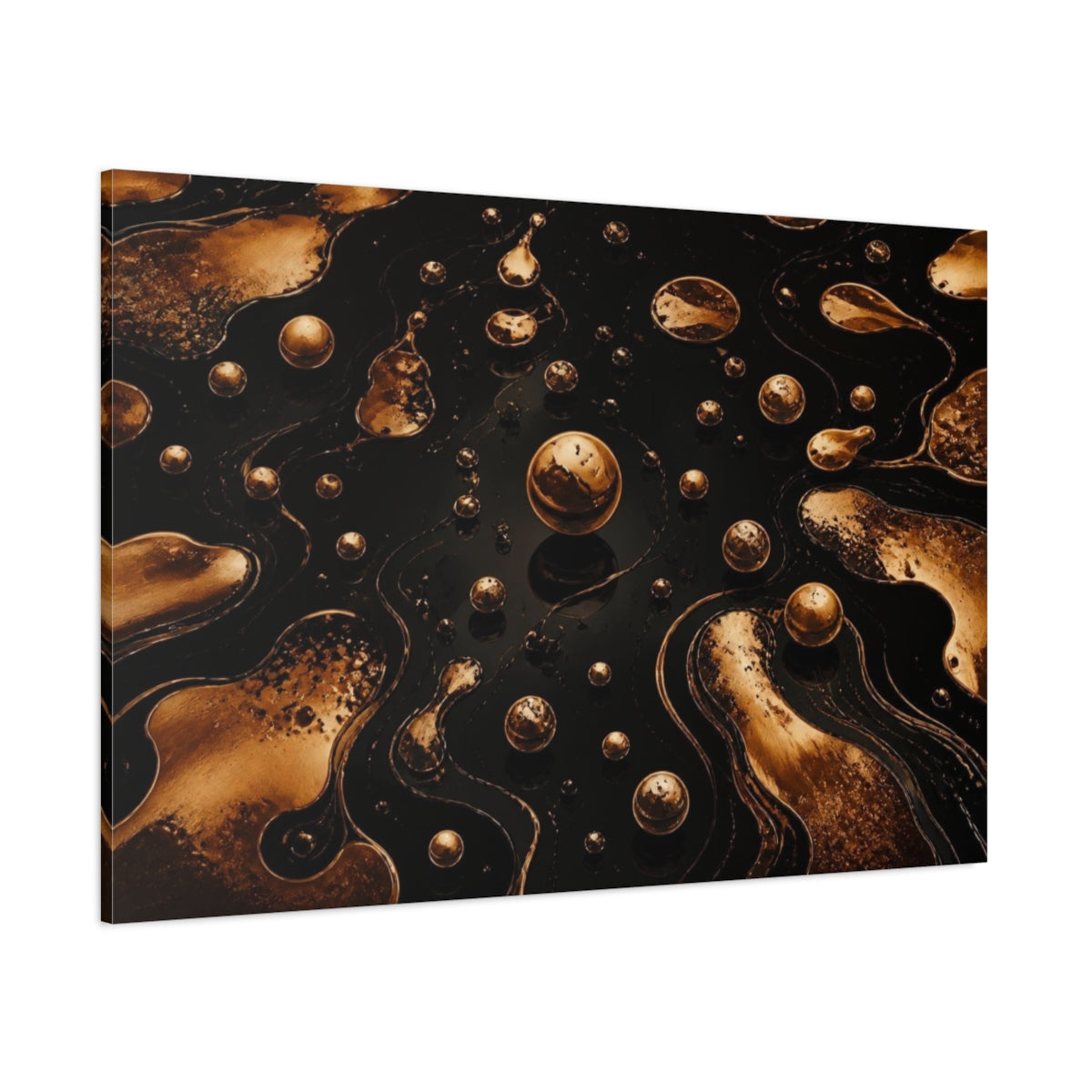 Side Mockup 1. Abstract Bronze Droplets shown as canvas print