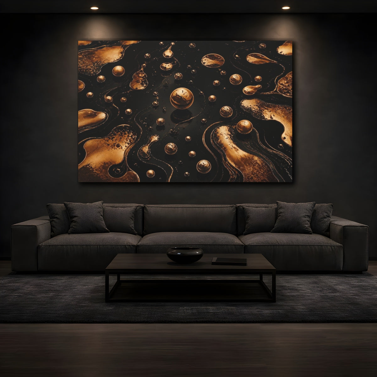 Mockup 3. Abstract Bronze Droplets shown as canvas print