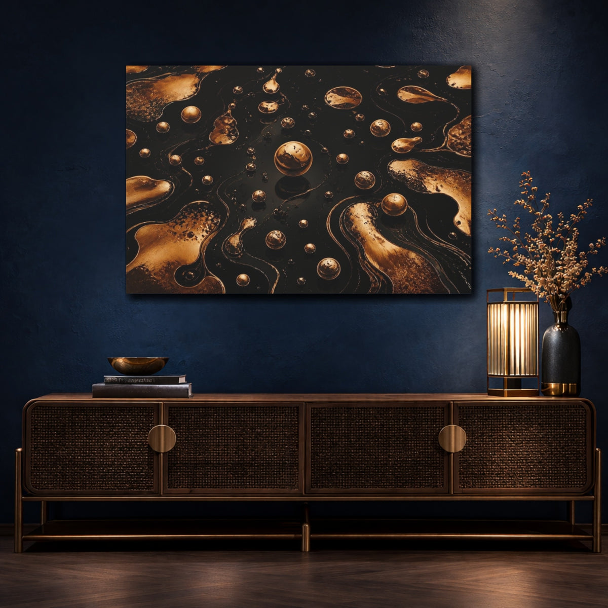 Mockup 4. Abstract Bronze Droplets shown as canvas print