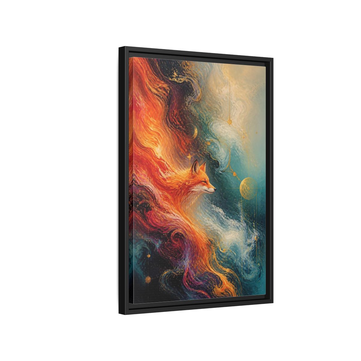Side Mockup 3. Abstract Cosmic Fox shown as framed canvas print