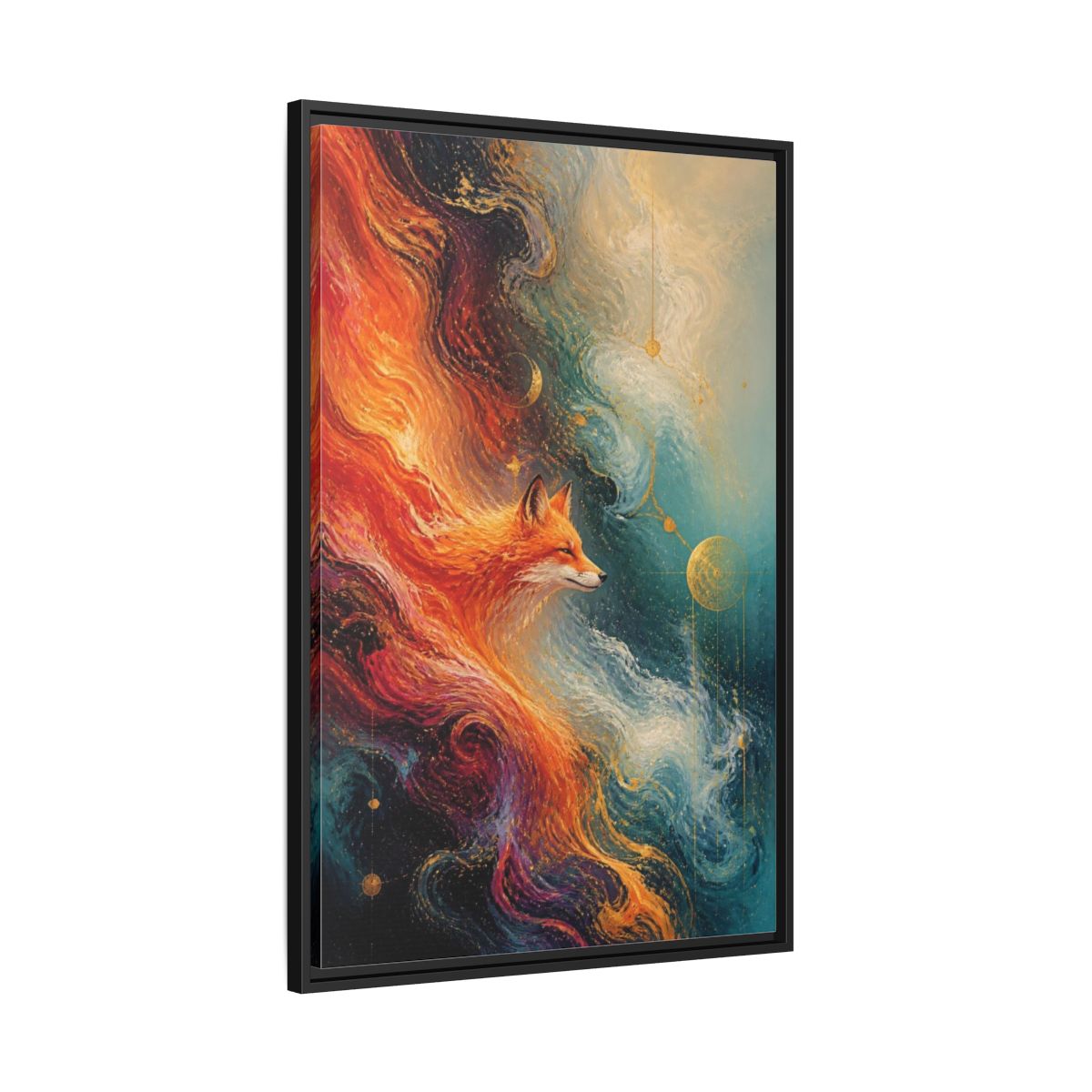 Side Mockup 13. Abstract Cosmic Fox shown as framed canvas print