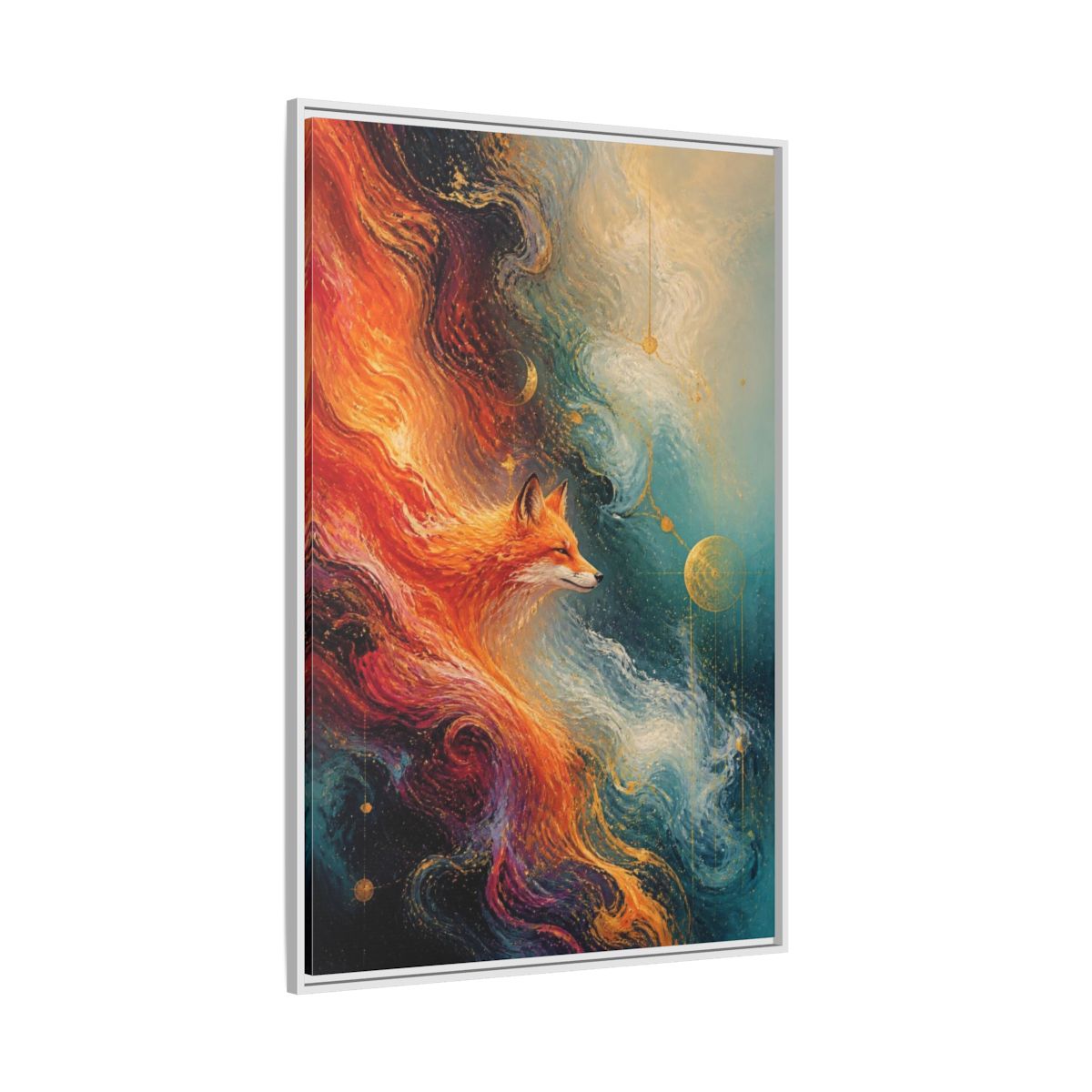 Side Mockup 7. Abstract Cosmic Fox shown as framed canvas print