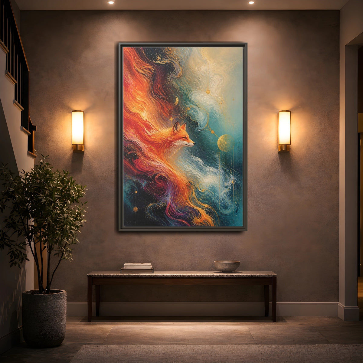 Mockup 2. Abstract Cosmic Fox shown as framed canvas print