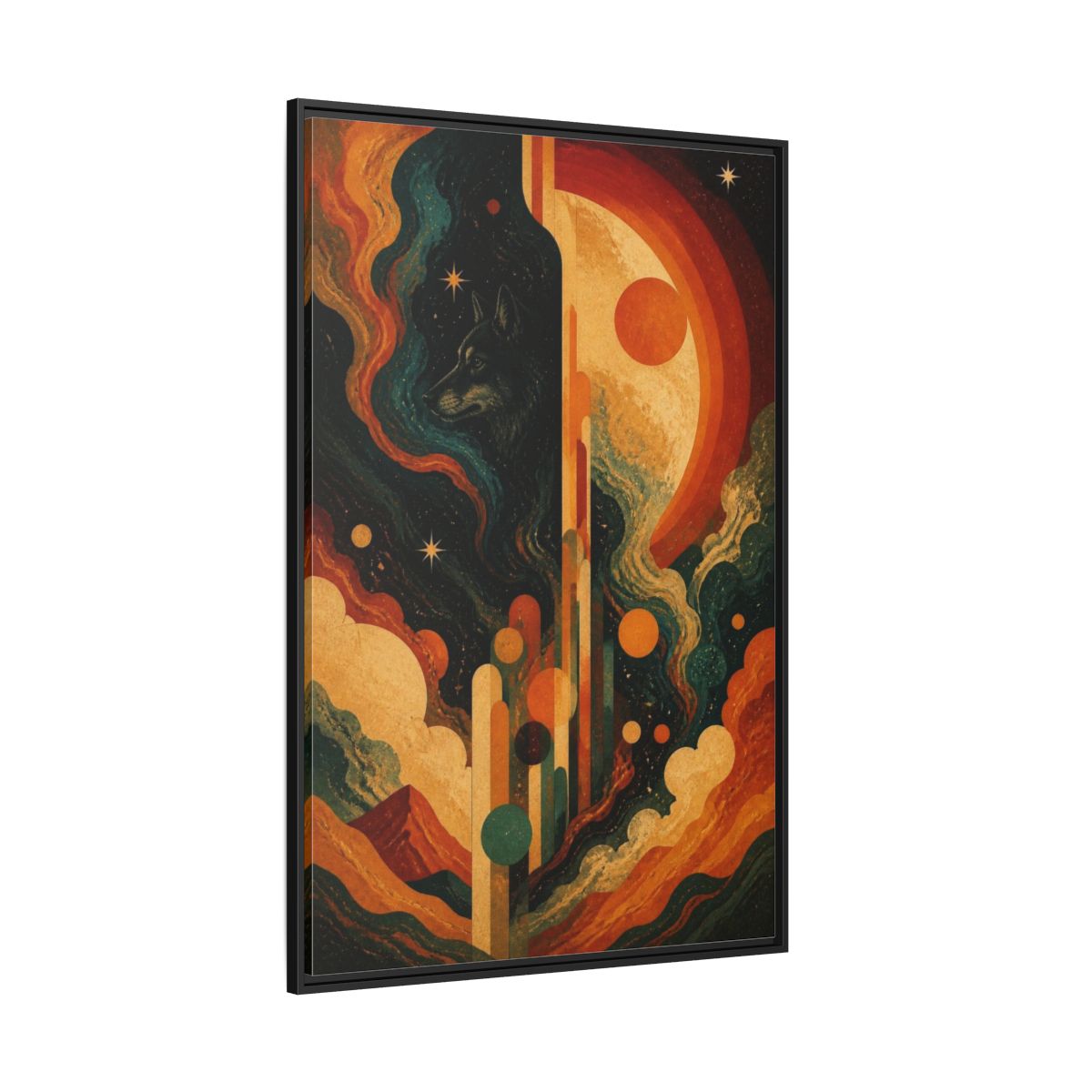 Side Mockup 12. Abstract Cosmic Wolf shown as framed canvas print